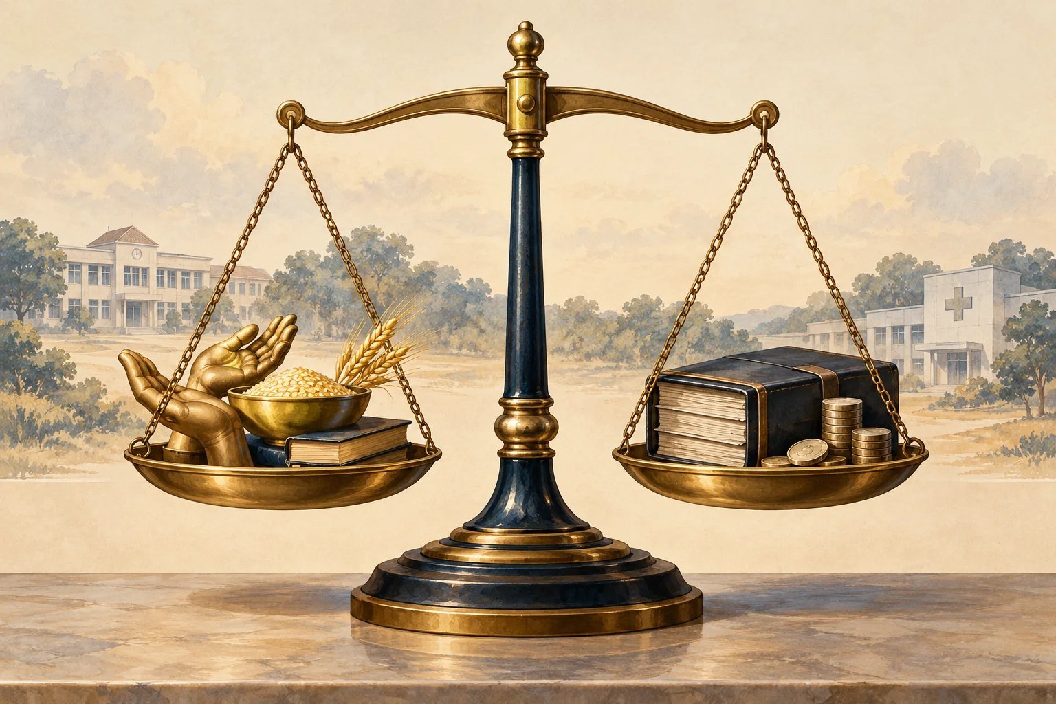 A balanced scale weighs food, education and household support against a public budget ledger, with a school and clinic in the background