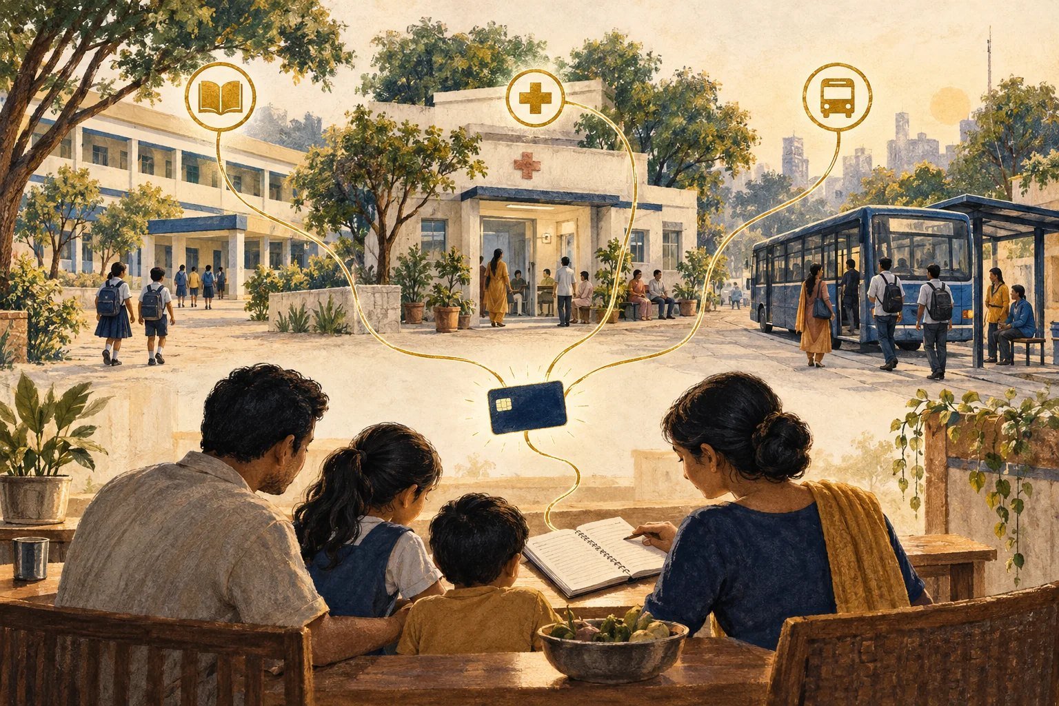 A household connected to a school, clinic and public bus, showing how direct support can complement public services